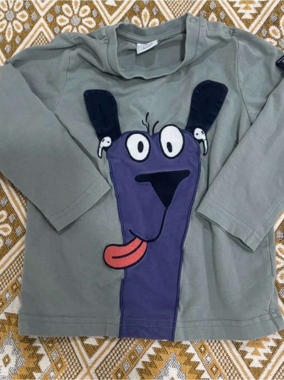 Polarn O. Pyret Sage Green Long Sleeve Tee with Purple Puppy Appliqué
